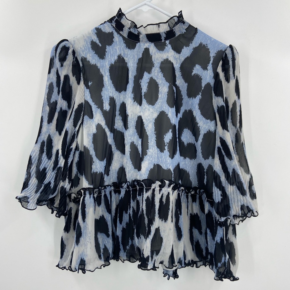 Ganni Black and‎ White Puff Sleeve Blouse Size 4